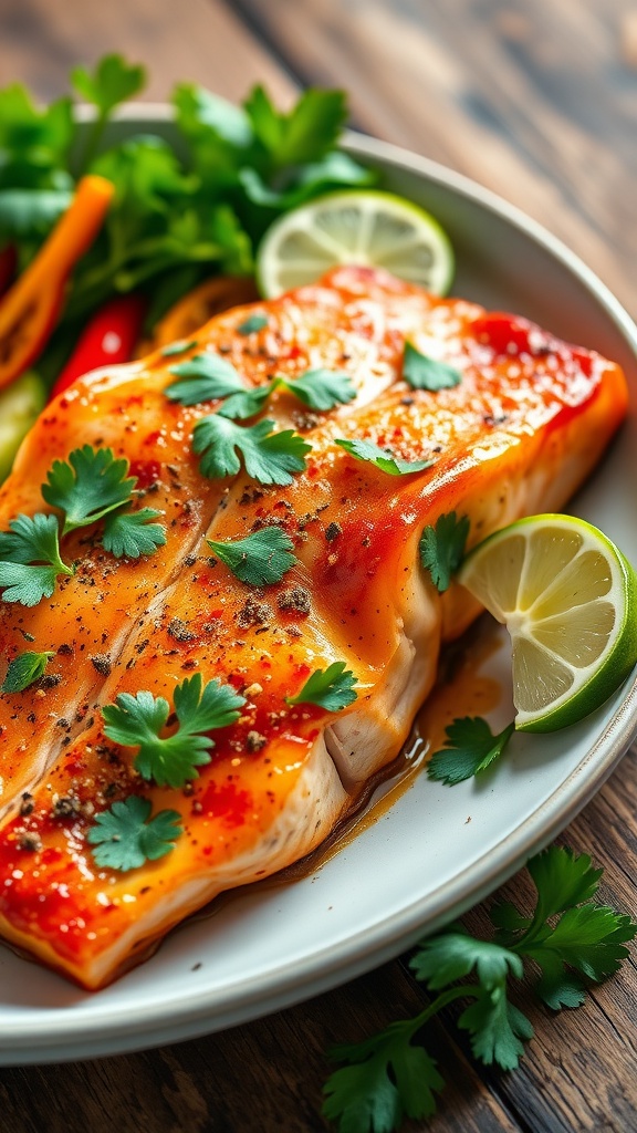 Chili lime salmon fillets garnished with lime and cilantro, served with grilled veggies on a rustic table.